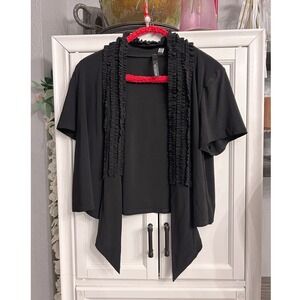 Black Short Sleeve Open Front Ruffle Cardigan Stretchy Business Casual Classy